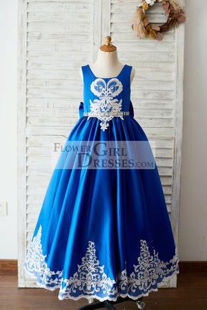 Royal Blue Satin Square Neck Wedding Party Flower Girl Dress with Lace Trim