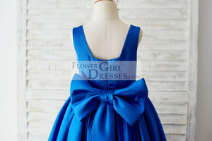 Royal Blue Satin Square Neck Wedding Party Flower Girl Dress with Lace Trim