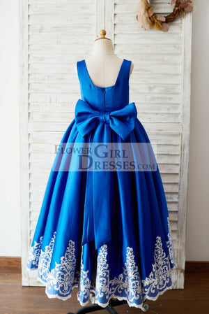 Royal Blue Satin Square Neck Wedding Party Flower Girl Dress with Lace Trim