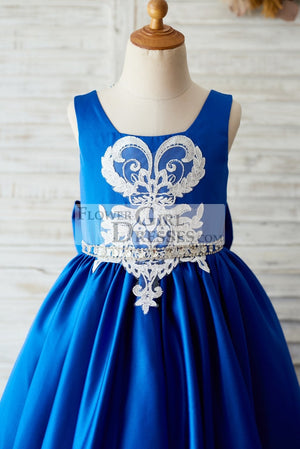 Royal Blue Satin Square Neck Wedding Party Flower Girl Dress with Lace Trim