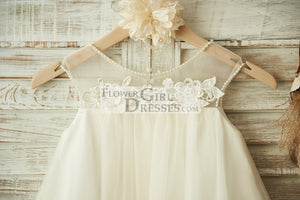 Sheer Neck ChampagneTulle Lace Wedding Flower Girl Dress with Pearls