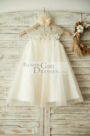 Sheer Neck ChampagneTulle Lace Wedding Flower Girl Dress with Pearls