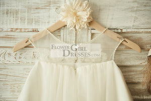 Sheer Neck ChampagneTulle Lace Wedding Flower Girl Dress with Pearls