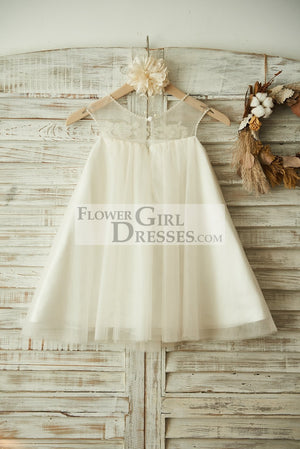 Sheer Neck ChampagneTulle Lace Wedding Flower Girl Dress with Pearls