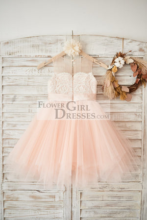 Sheer Neck Peach Pink Tulle Ivory Lace Wedding Flower Girl Dress with Beaded Sash