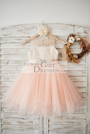 Sheer Neck Peach Pink Tulle Ivory Lace Wedding Flower Girl Dress with Beaded Sash