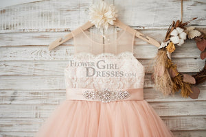 Sheer Neck Peach Pink Tulle Ivory Lace Wedding Flower Girl Dress with Beaded Sash