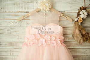 Sheer Neck Pink Tulle Wedding Flower Girl Dress with Beading and 3D Flower