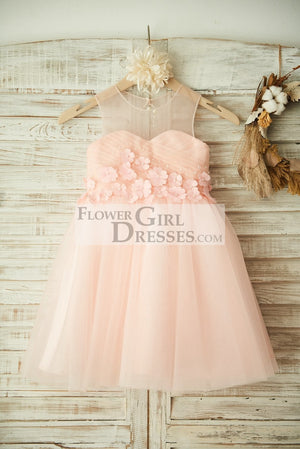 Sheer Neck Pink Tulle Wedding Flower Girl Dress with Beading and 3D Flower