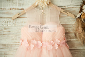 Sheer Neck Pink Tulle Wedding Flower Girl Dress with Beading and 3D Flower