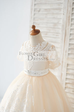 Short Sleeves Champagne Lace Tulle Wedding Flower Girl Dress Kids Party Dress