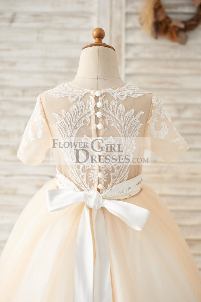 Short Sleeves Champagne Lace Tulle Wedding Flower Girl Dress Kids Party Dress