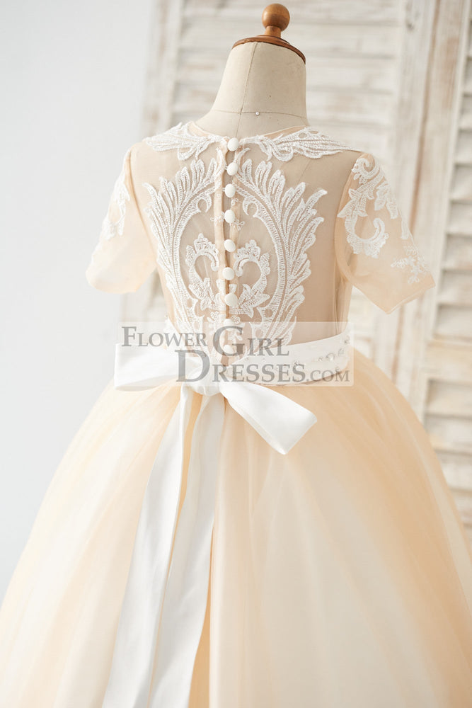 Short Sleeves Champagne Lace Tulle Wedding Flower Girl Dress Kids Party Dress